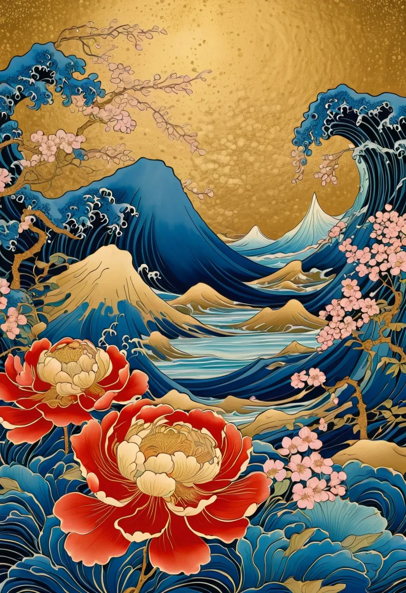 Made with traditional techniques, Japanese painting, gold paint, watercolor, glitter powder, shellfish, painted indigo flowers, gold paint flower painting, lacquer-e style, the folding screen installed in a temple in Kyoto is very beautiful., a painting st...