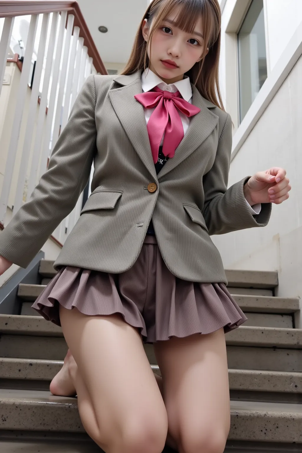 　 best image quality、score_9,  score_8_ up 、masterpiece、(from below:1.5)、1 Japanese girl、female high school students、uniform、blazer、miniskirt、panties、(thick thighs:1.4)、At the top of the stairs、station