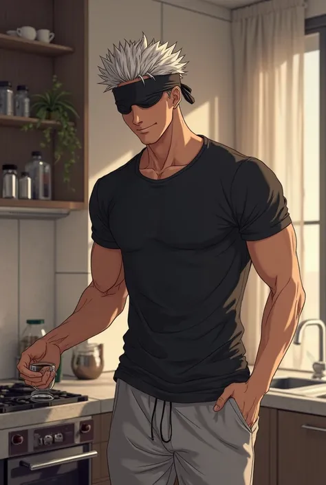 Gojo satoru, in a big penthouse kitchen, making coffee. He has his blindfold on, he's wearing a black t shirt and grey sweatpants. He's happy. Jujutsu kaisen art style. Gojo satoru. A tall man with white hair. Lean muscular, hot. Smirk