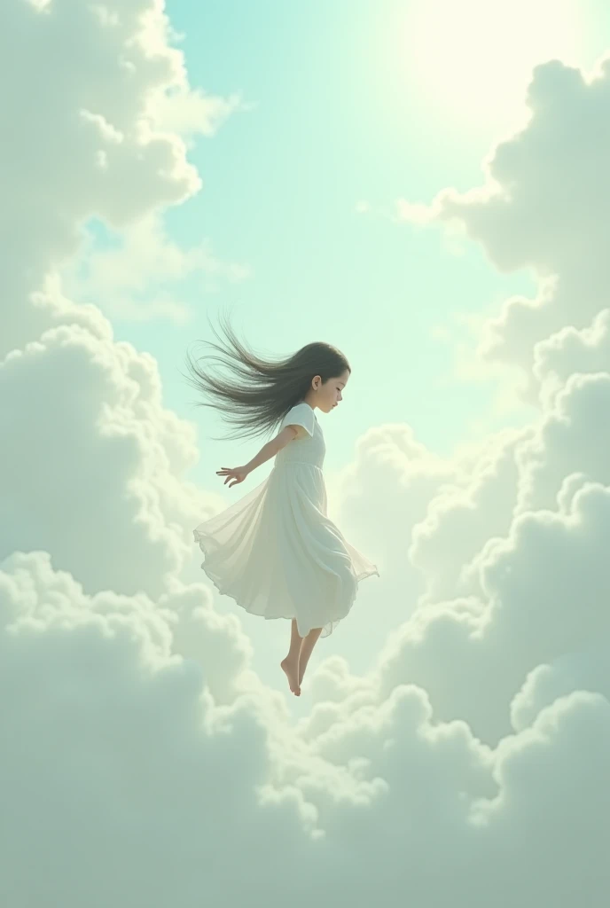 A girl hovers in the clouds in the wind