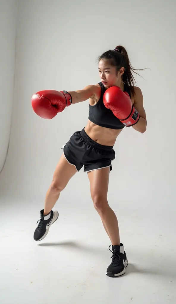 Elbow strike. Muscular young girl , determined boxing athlete in motion, training, fighting isolated on white studio background. Bottom view. Concept of sport, hobby, active and healthy lifestyle, 8k, ultra-clean-design