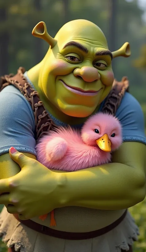 Shrek, wearing a plain blue T-shirt, gently hugs the pink, realistic baby duck in his arms. The baby duck, with its soft pink feathers, looks incredibly cute and lifelike. Shrek’s face is filled with a peaceful and happy smile as he embraces the duck. The ...