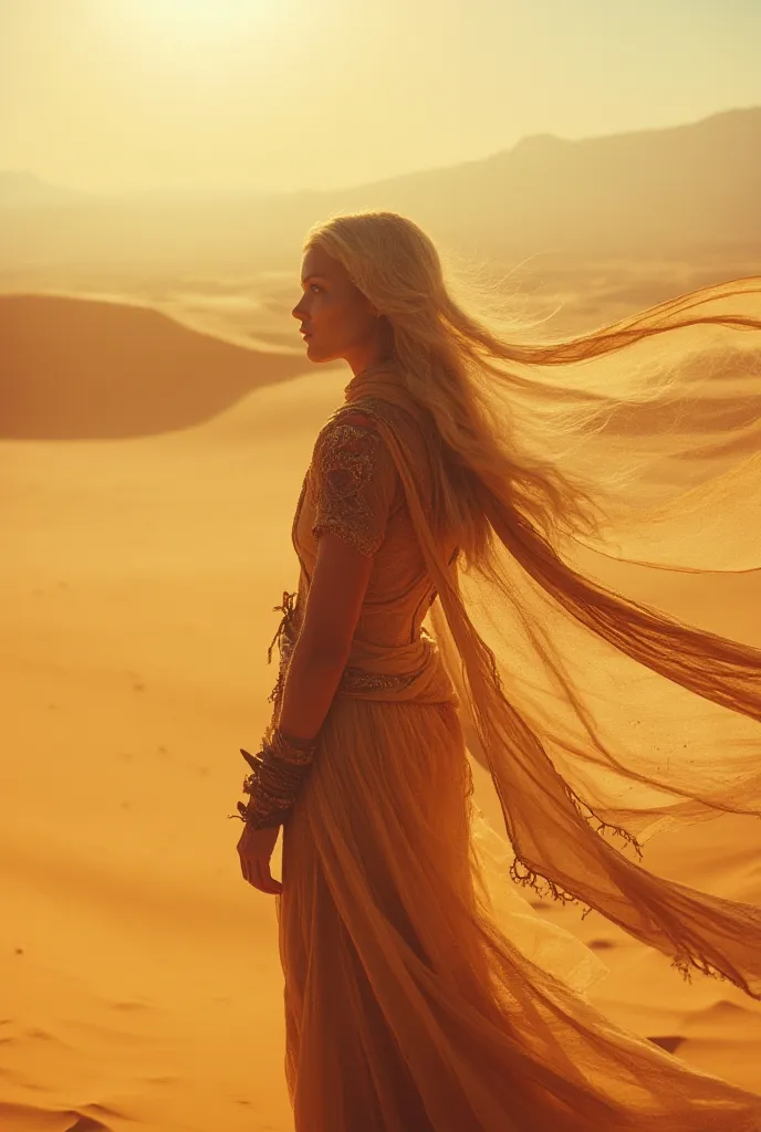 
A woman stands at the edge of a vast desert, golden dunes stretching endlessly behind her. Her long, flowing scarf billows in the hot wind, grains of sand clinging to sun-kissed skin. She gazes into the distance, eyes sharp with purpose, as if searching f...