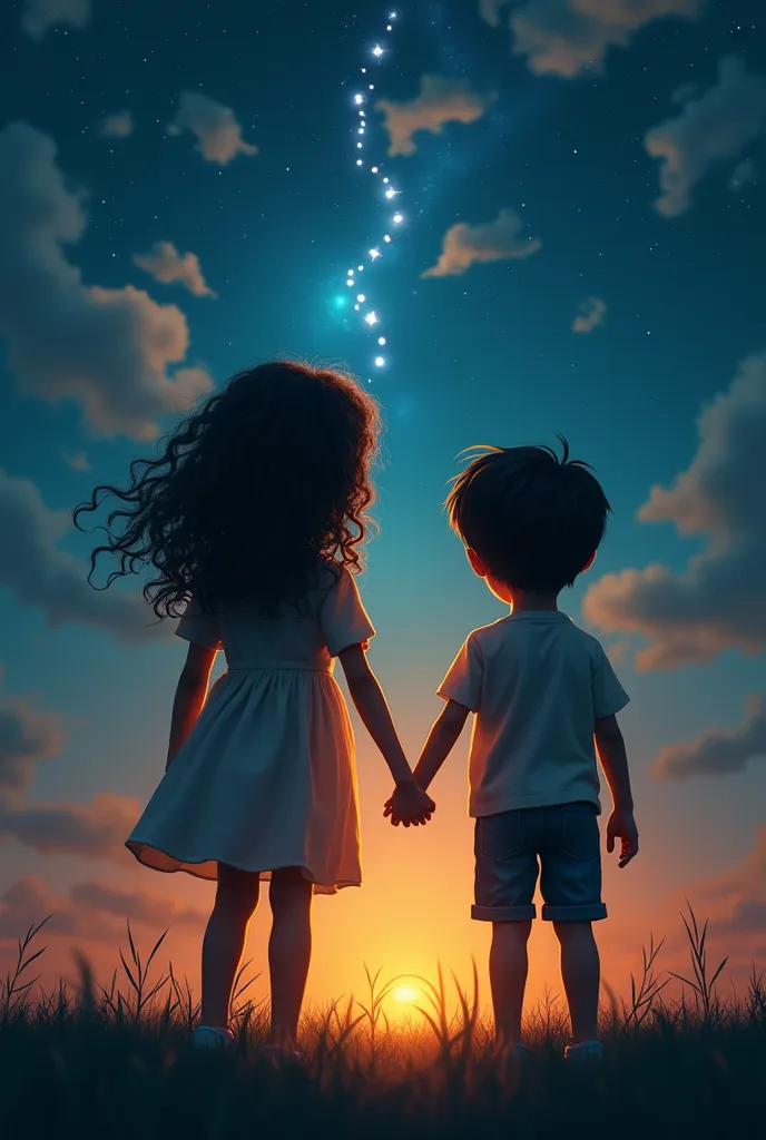 Create an image of a girl with curling hair and a boy,  with black hair. They will be side by side holding hands, and with the other mother they are holding a floating flashlight, The sky is filled with flashlights 