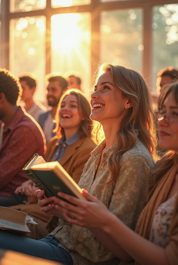 A class with many students, with the Bible in hand, happy, on a sunny Sunday morning. Realistic. realistic adult 