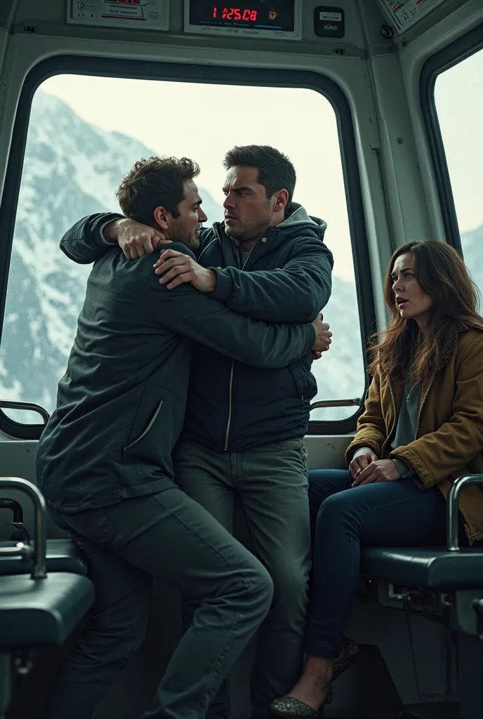 Two men and a woman in a mountain lift, the first man tries to throw the second man off the cable car,and the woman looks