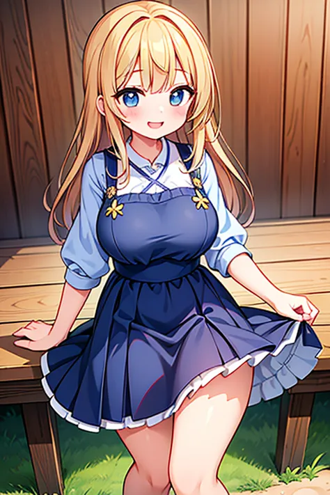 ((best quality)), ((masterpiece)), ( Details), 1 girl,  sexy ５age, Kindergarten Mom Outfit, 青いSmock, dark blue skirt , cute, gold,  muddy, Sandbox, Lively , fun,  best smile,, Smock, smock, Big Breasts、