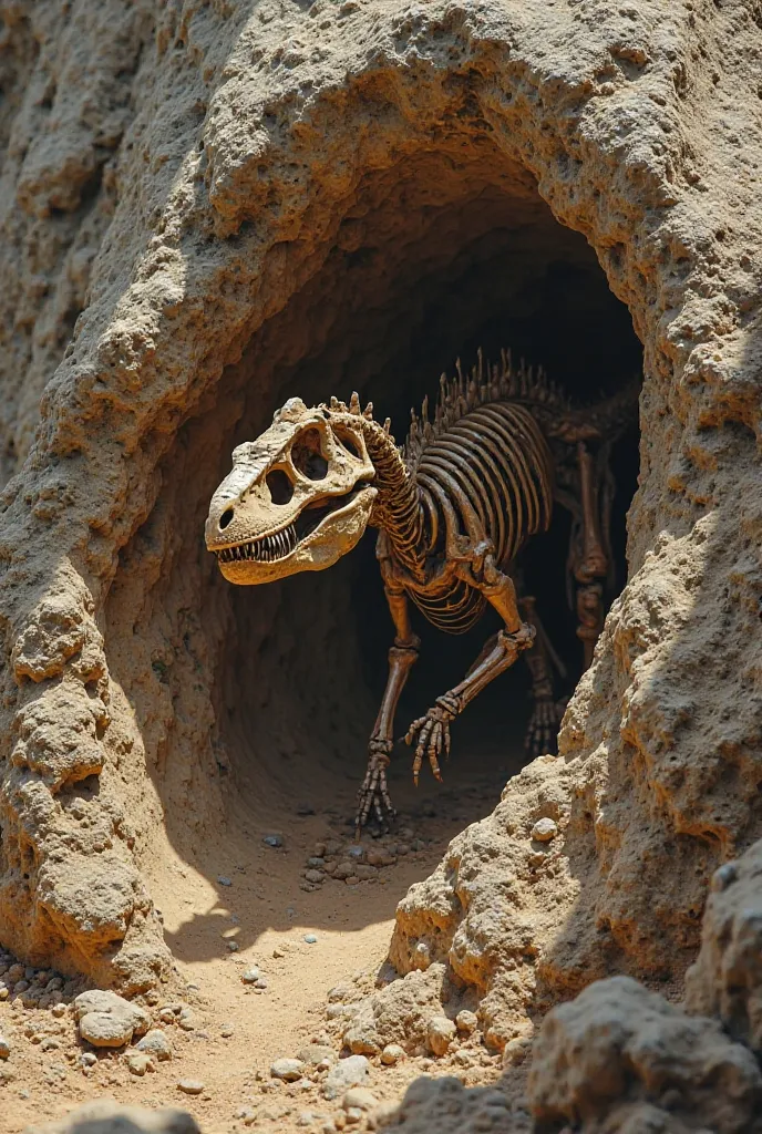 A dinosaur fossil coming out of a rock 