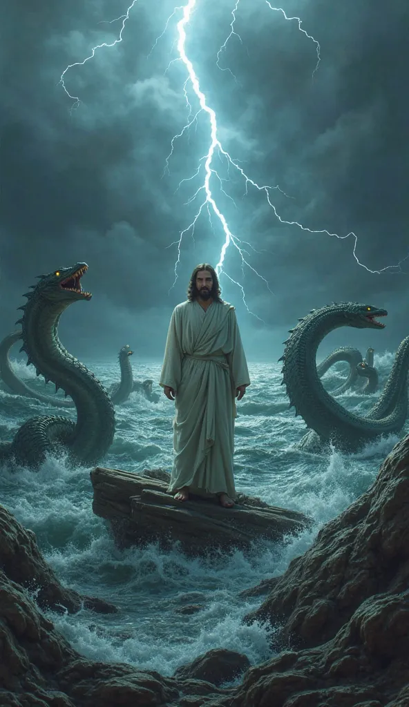 Jesus is standing on a piece of floating wood in a stormy ocean, surrounded by giant sea serpents emerging from the waves. Their eyes glow in the dark, and their scaly bodies coil around the wreckage of a sunken ship. Lightning cuts through the sky, illumi...