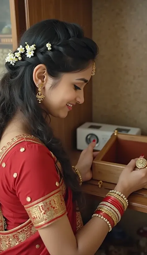 "A young Indian bride with a soft, emotional expression. She wears a traditional red and gold saree with delicate embroidery. Her face has subtle makeup — kohl-lined eyes, a small bindi, and simple gold jewelry. Her long hair is tied in a neat braid adorne...