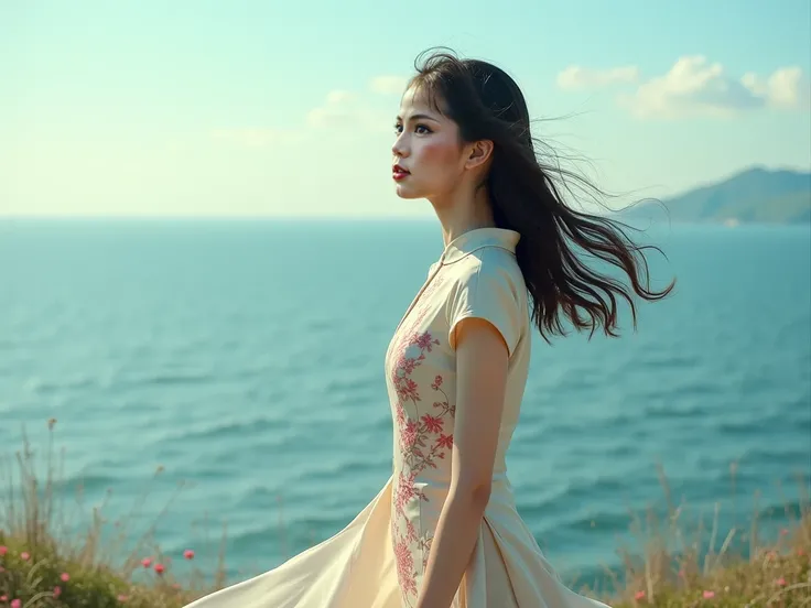 Film feel，seaside，Girl in a cheongsam blowing the sea breeze