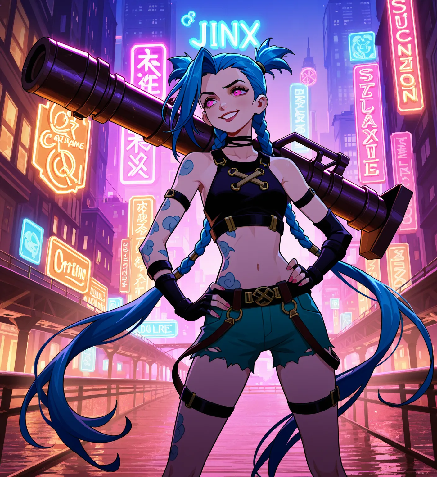 Create Jinx from Arcane League of Legend on a bridge with the city in the background in cartoon format