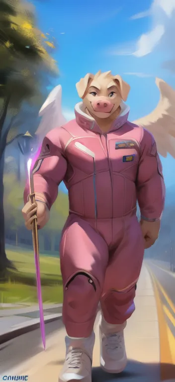  alone, male Tall​,huge​ body​, stand,Holding the magic staff of an angel.,angel Two wings long, road,pig crocodile​ labrador​,  pink military spacesuit commander ,  heavy overload,  muscle bundle, Smirking ,by chunie ​