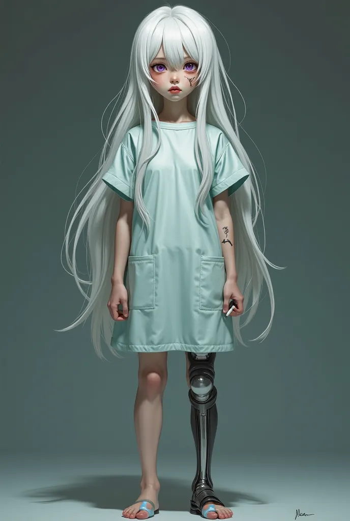 Young girl with long white hair. She is standing in a medical gown. She has a prosthesis on her right leg, which is clearly visible. She also has a scar on her left eye, which is why the eye is white. And a big scar on the face. She has a beautiful figure ...