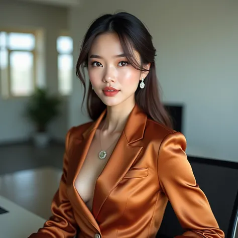 beautiful myanmar woman in a satin office outfit