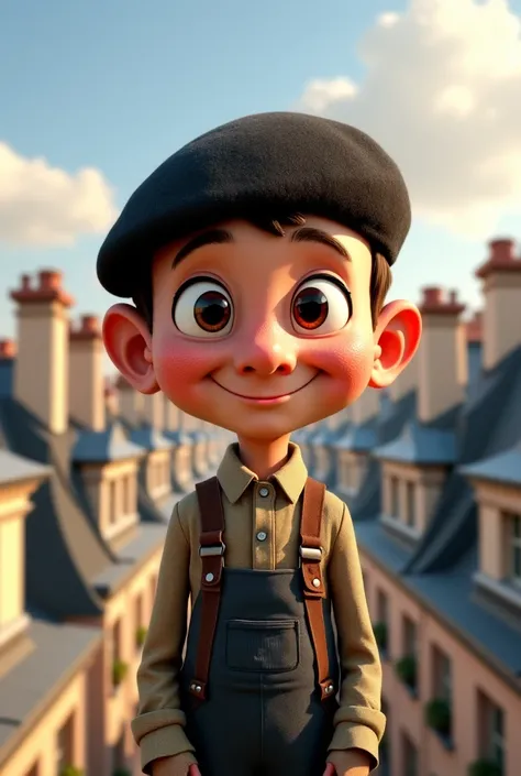 Parisian titi little  with straps ,With a black beret  ,Good round cheeks , souriant , Little dirty chimney sweep funny humor Pixar decor the roofs of Paris with full body chimneys 