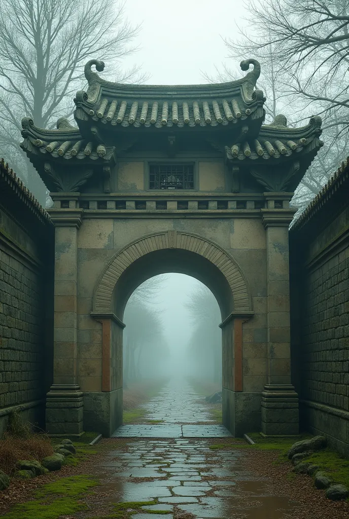 •	Style: Historical, realistic, ancient architecture, Ming Dynasty
	•	Lighting: Soft, diffused, misty, melancholic
	•	Color palette: Aged stone tones, muted greens (moss), earthy browns, weathered textures
	•	Composition: Single-arch gate, recessed arch de...