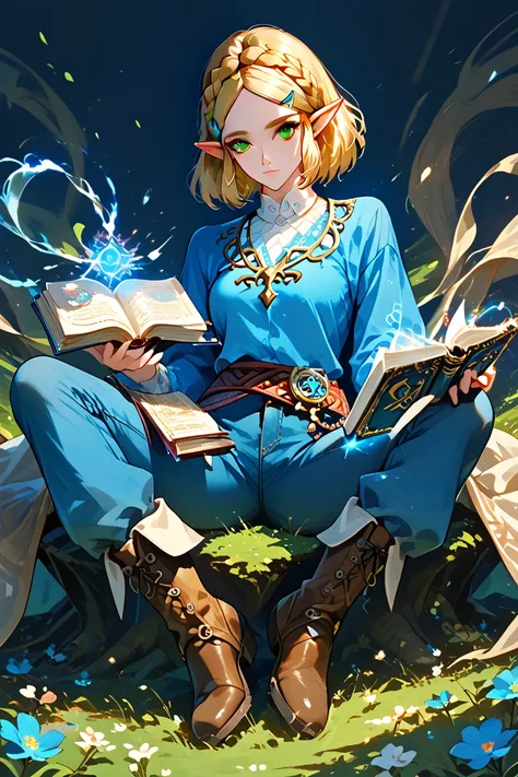 princess zelda, 1girl, artist request, belt, blonde hair, blue shirt, book, boots, expressionless, full body, green eyes, highres, looking at viewer, magic, nintendo, pants, pointy ears, shirt, short hair, simple background, solo, the legend of zelda, the ...