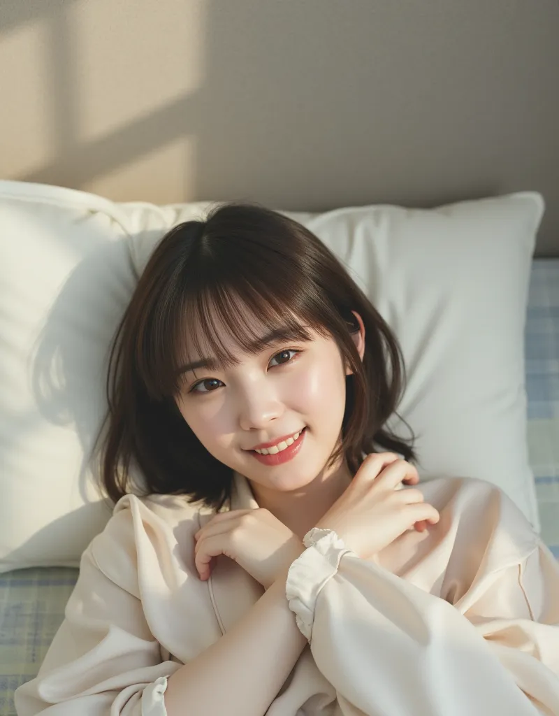 A young and beautiful Japanese woman is lying on her back in bed in pajamas. She is smiling sweetly. Ultra high resolution, super quality photo.