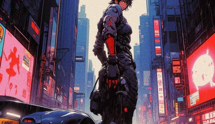 Masamune Shirow's Ghost in the Shell style blended with 80s/90s anime aesthetics like Akira, a full-body anime character from head to toe with a sporty, athletic physique and toned curves, positioned centrally in the composition, looking slightly over her ...