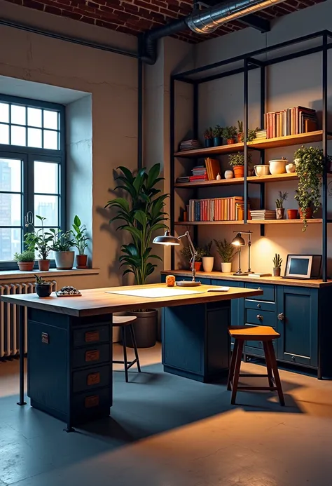 A vector cartoon  workspace with an industrial vibe, featuring a large wooden desk, metal bookshelves, a drafting table, and ambient lighting. The walls have a mix of concrete and exposed bricks, giving the room a raw yet stylish aesthetic.