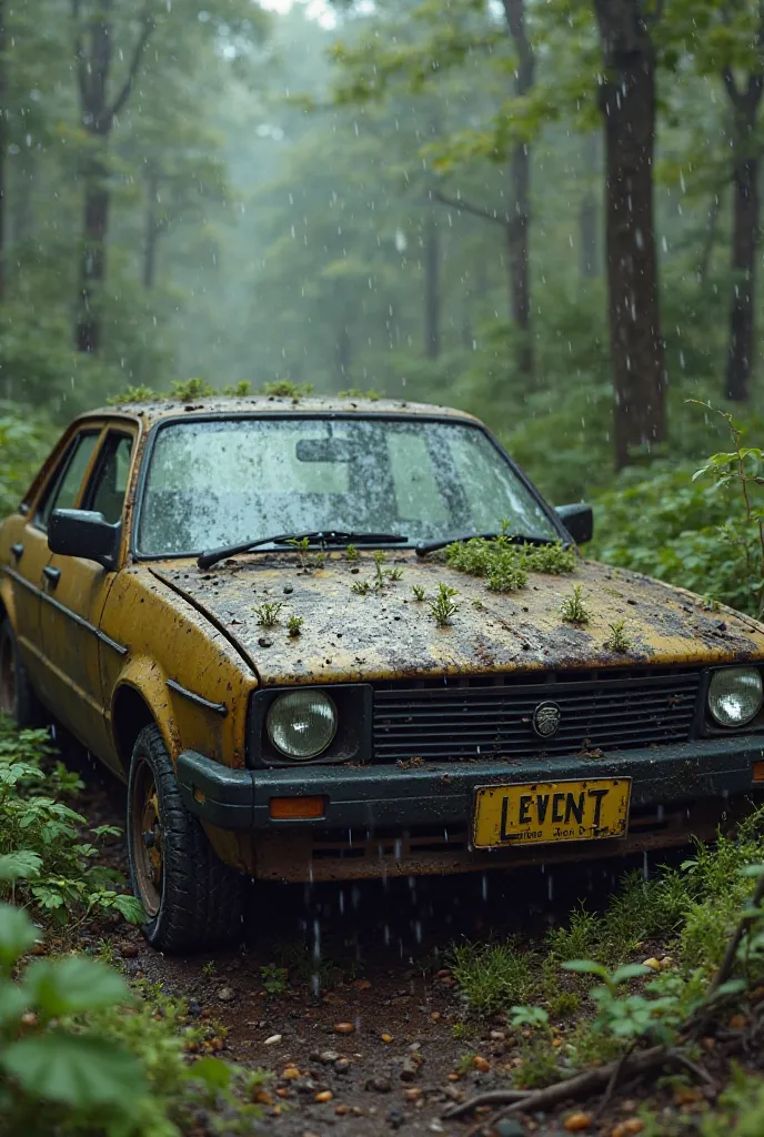 Holden Cruze abandoned and rusted in forest on a rainy day with a licence plate Levent