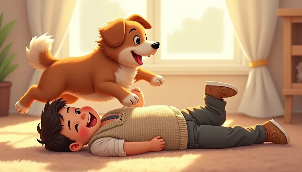 "Create a highly detailed and heartwarming illustration of a young boy and his playful dog sharing a joyful moment. The young boy is lying on the ground, laughing with a wide, expressive smile, his body posed naturally to convey relaxation and happiness. H...