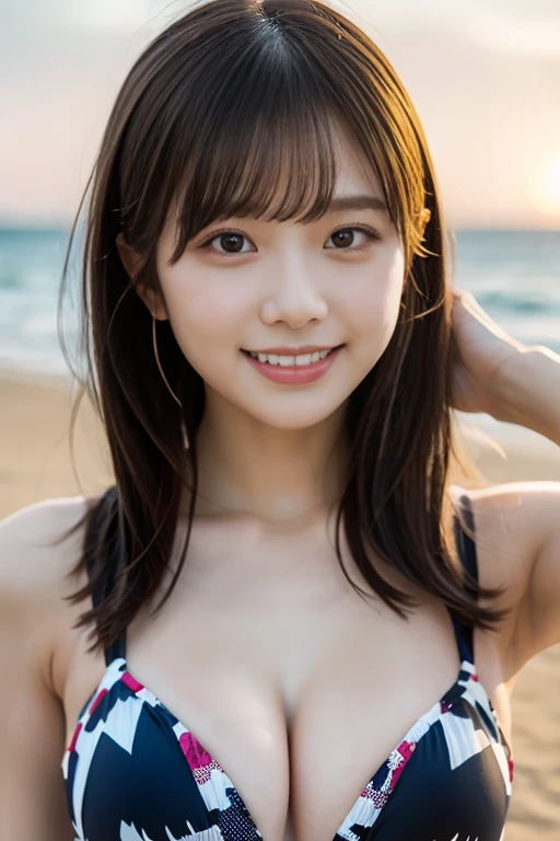 (realistic: 1.4), (best quality: 1.4),  Ultra High Resolution , (fine grain),  full body shot  ,((   pose  )),1. high school girl,(Big Breasts),Black Ponytail,((Cute patterned bikini)),big eyes,  blushed,((smile)),highly detailed face and skin textures, HE...