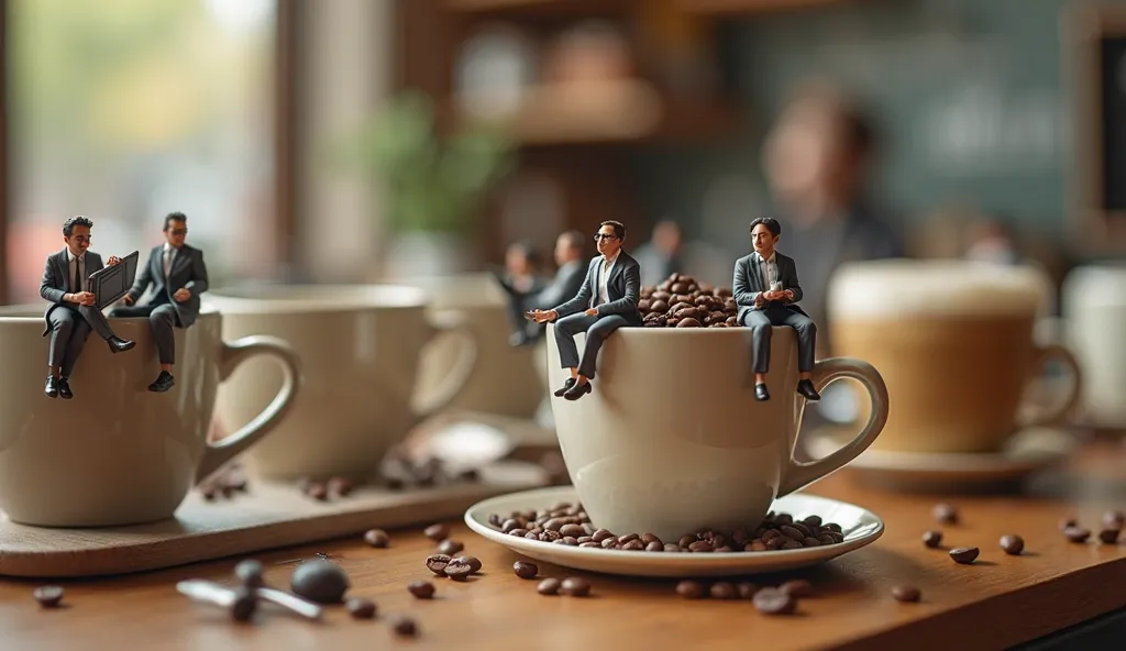 A miniature team of office workers, dressed in tiny business attire, is sitting on the lid of a takeaway coffee cup, treating it like a rooftop lounge. Some are chatting, one leans back against the cup’s raised rim, while another dips a miniature spoon int...