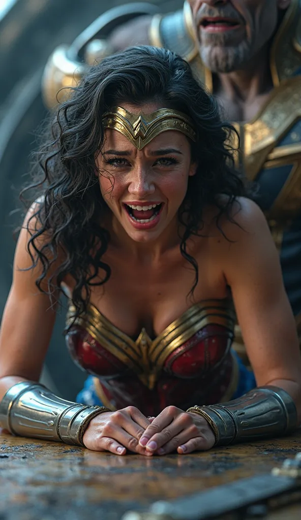 Wonder woman bent and breast on table, hands on table,Thanos grabbed her buttocks, wonder woman is crying loudly , inside a spaceship 