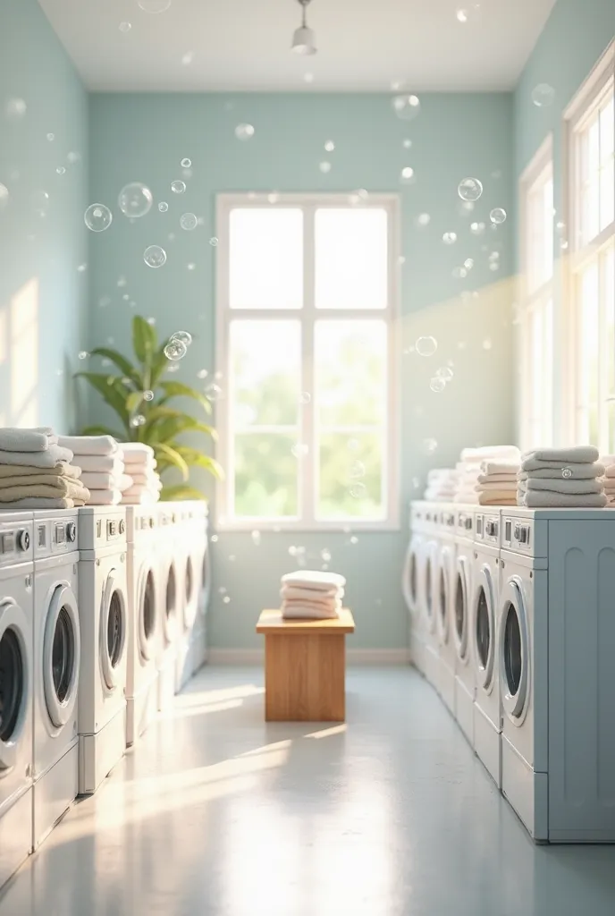 A bright and modern laundry room with washing machines and dryers neatly arranged. Clean clothes are folded on a wooden table, and bubbles float in the air.