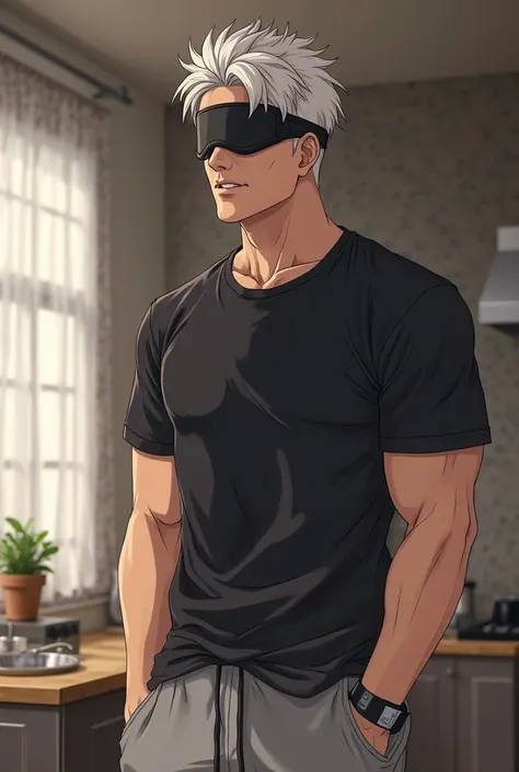 Gojo satoru, in a big penthouse kitchen. He has his blindfold on, he's wearing a black t shirt and grey sweatpants. He's happy. Jujutsu kaisen art style. Gojo satoru. A tall man with white hair. Lean muscular 