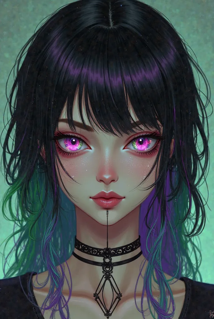 Altushka girl black hair tips green purple eyes wears choker haircut cascade