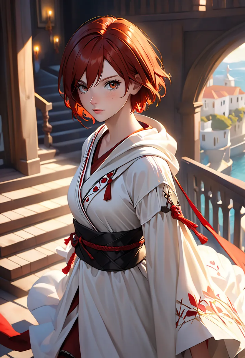 (realistic oil art,  hip-length images,   pearly eyes walking down the stairs {x} , British, black eyes,  Brilliant Appearance ,  redhead,  short hair), Ezio Auditore tunic, Hooded, black, brown, Red Details , Decorations, Freckles 10% Cheekbone, perfect f...