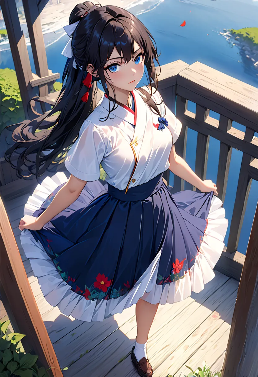 (highly detailed CG:1.2), (masterpiece:1.2), (best quality:1.2),,((absard dress)),watching viewers,full body, ,(1 girl),Alone,(long hair),(Masayom uniform),( white shirt short sleeve ),(navy_blue pleated skirt),(I love long skirts),Dynamic Angle,standing,d...