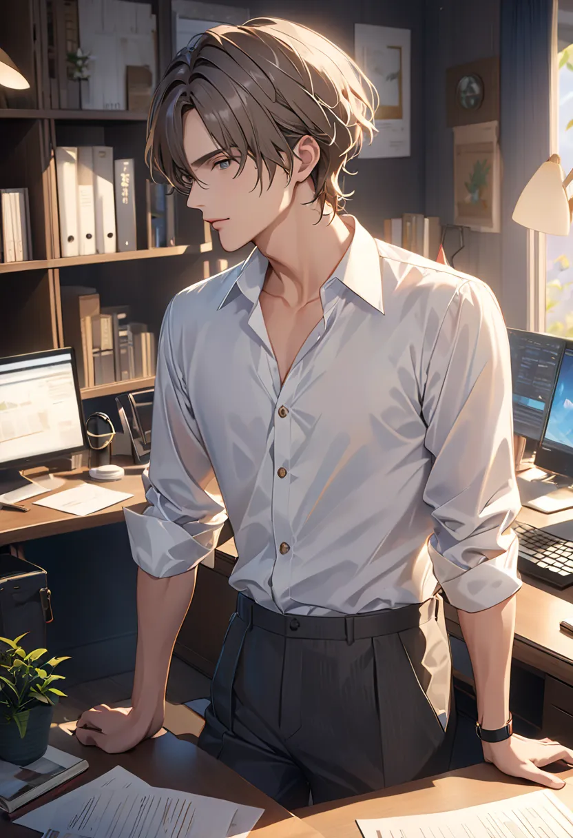  photos ( male), born, 平均的な美しさの male, ( short hair, 【Taupe,  straight /Wavy), At the office, lean on the desk, Social Wear , unbuttoned shirt, (full body :1.3), (masterpiece) ( perfect aspect ratio )(現実的な photos)(best quality) ( Details) (8k) (Hi-Res) ( wa...