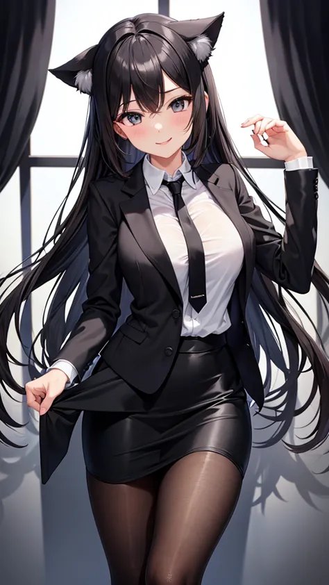 sexy older sister in a black business suit wearing a black tie　　 　　I'm wearing a black tie　black pencil skirt　Brown tights　A radiant smile　 Hi-Res　 high image quality　Cat ears growing