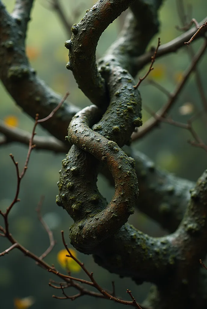 Close-up of multiple organic, fluid tree branches, twisting and intertwining throughout the entire image, with intricate details highlighting the natural texture and delicate movement as they weave together in a seamless flow.