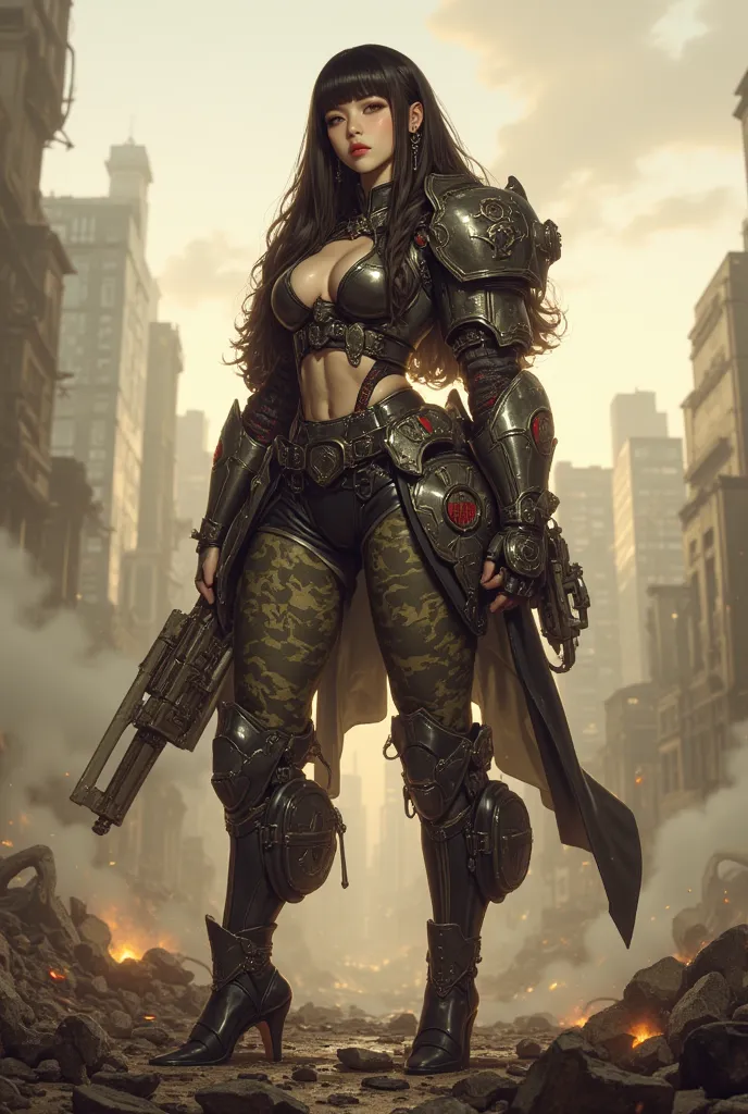 Chinese women fantasy costume thick steel elaborate camouflage army orange and green heavy metal elaborate warrior elements, long black hair bangs. she thick steel warrior elaborate shiny sturdy metal and integrated legs, is the appearance. the whole costu...