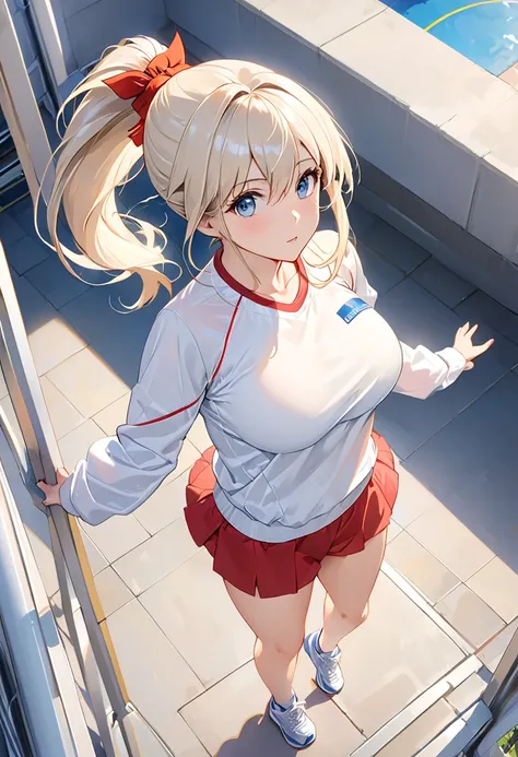 ((masterpiece:1.2, best quality)), 1. Aldi, Alone, (Gym Clothes), platinum blonde, long hair,  (from above, front focus,  looking straight ahead ), (amount),  jumping , Above the waist, ponytail, Big Breasts,  We:1.1