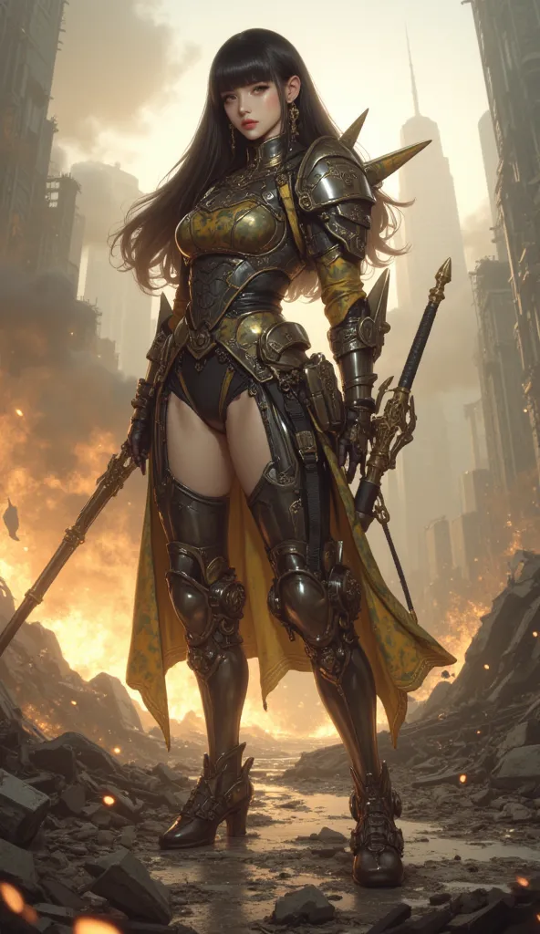 Chinese women fantasy costume thick steel elaborate camouflage army orange and green heavy metal elaborate warrior elements, long black hair bangs. she thick steel warrior elaborate shiny sturdy metal and integrated legs, is the appearance. the whole costu...