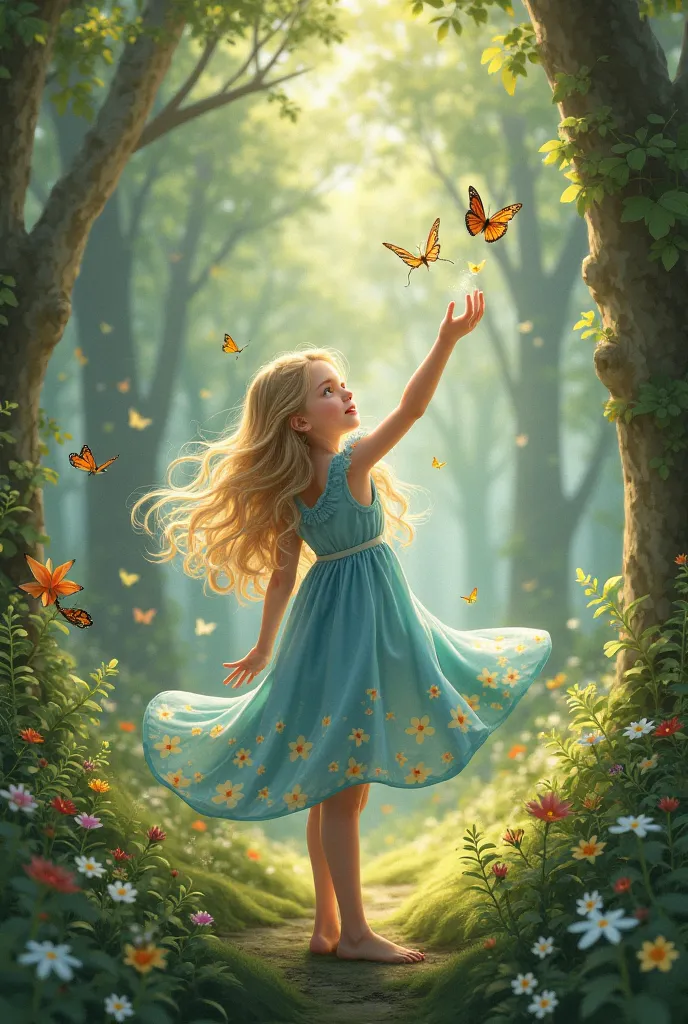 create a girl with blonde hair,  long , wear a blue dress with a tulip pattern. she is catching butterflies in the middle of a forest