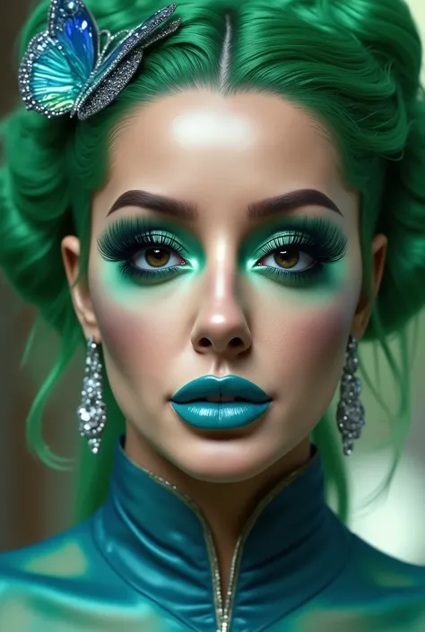 incredibly long and voluminous eyelash extensions, bright green makeup , green hair, diamond earrings , collar, blue lips, blue butterfly clip on the side of the hair