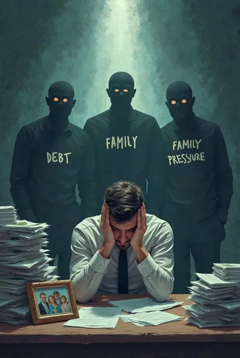 A thought-provoking digital illustration representing the financial pressure faced by men. The image features a man sitting at a desk, his head buried in his hands, surrounded by stacks of unpaid bills, loan papers, and a family photo, symbolizing his resp...