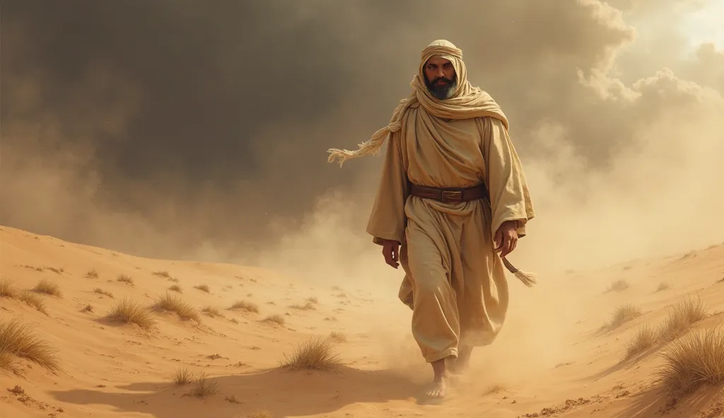 Elihu trudging through the desert on the tenth day, his beige robe billowing as a fierce sandstorm brews. His face is partially covered by a headscarf, eyes narrowed against the wind driving sand like arrows. The sky darkens with ominous clouds, and his le...