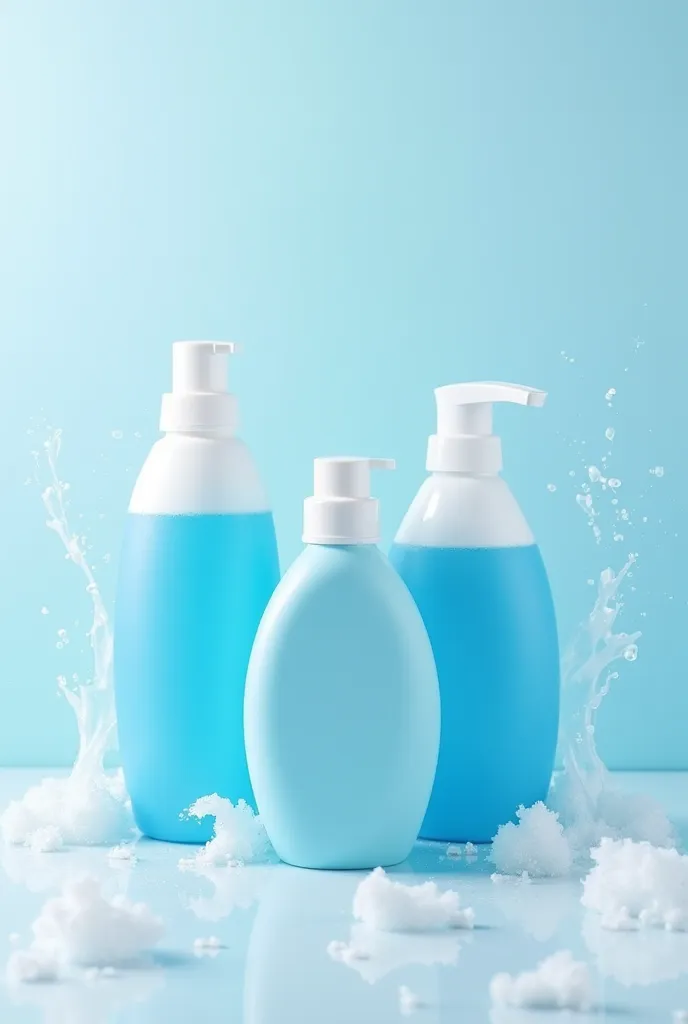 A set of blue and white laundry detergent bottles placed on a clean countertop, with water splashes and soap bubbles around them.