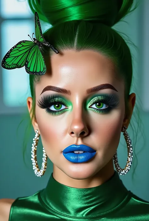 incredibly long and voluminous eyelash extensions, bright green makeup , green hair, diamond earrings , collar, blue lips, green butterfly clip on the side of the hair