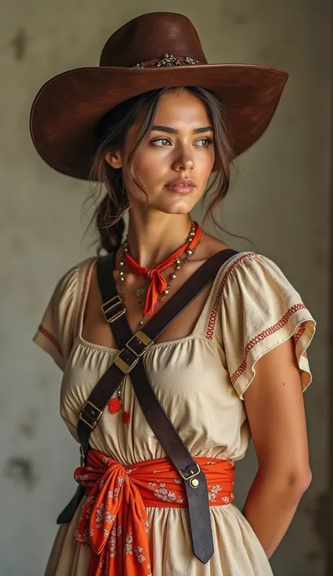 The image shows a woman dressed in a costume inspired by the cangaceiros of the Brazilian Northeast. She wears a beige dress with details in vibrant red, , including a band tied around the waist and a bar with an orange floral print. The dress has short sl...