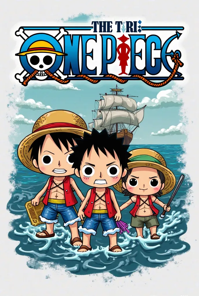 Create a stylized t-shirt design in the Funko Pop format, inspired by the series 'One Piece'.  The design must include :

Um Monkey D. Luffy Funko Pop, with her iconic look  (straw hat, red shirt and blue shorts), alongside a Roronoa Zoro Funko Pop, with i...