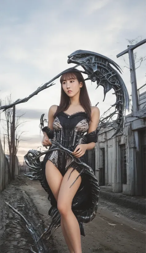 God Eater, a gorgeous Korean female idol wearing a deep V sheer lace mini dress, stockings and gorgeous super high heels, stands in a dystopian urban setting holding a huge, highly detailed A mechanical chainsaw-like sword, full of complex mechanical parts...